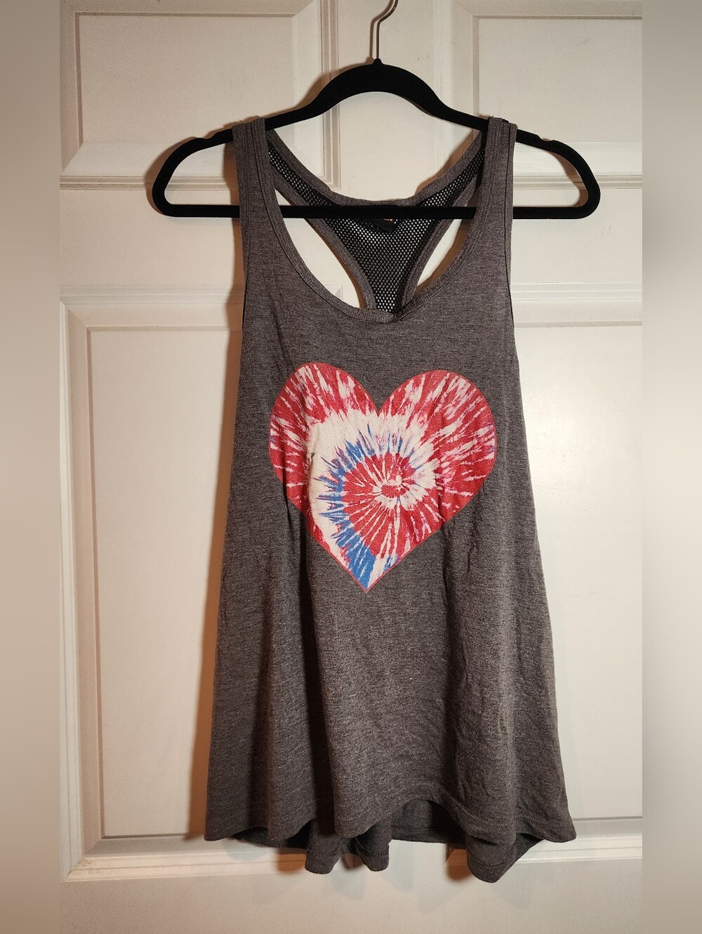 Fifth Sun Gray Women's Racerback Tank with Red & Blue Heart Tie-Dye